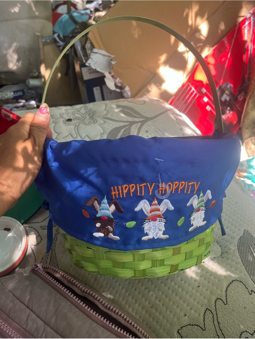 Kids Easter Basket with Blue Fabric Cover - Hippity Hoppity